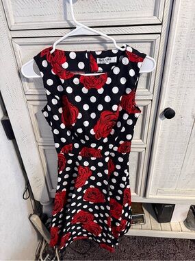 Grace Karin Black Polka Dot Dress with Red Rose Print